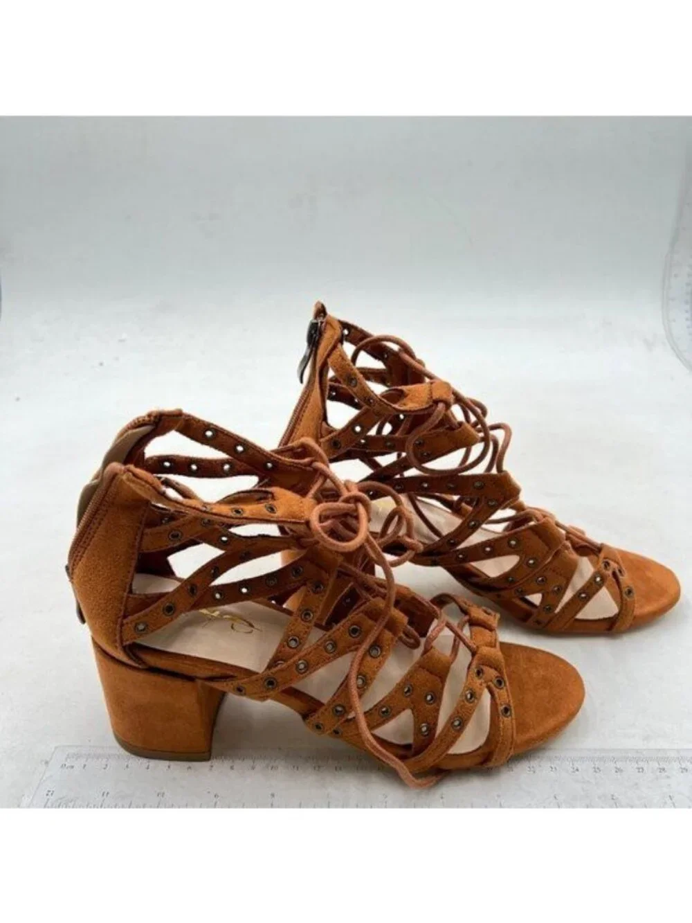 XYD Women Gladiator Caged Block Heel Sandals Open Toe Grommets Straps Brown